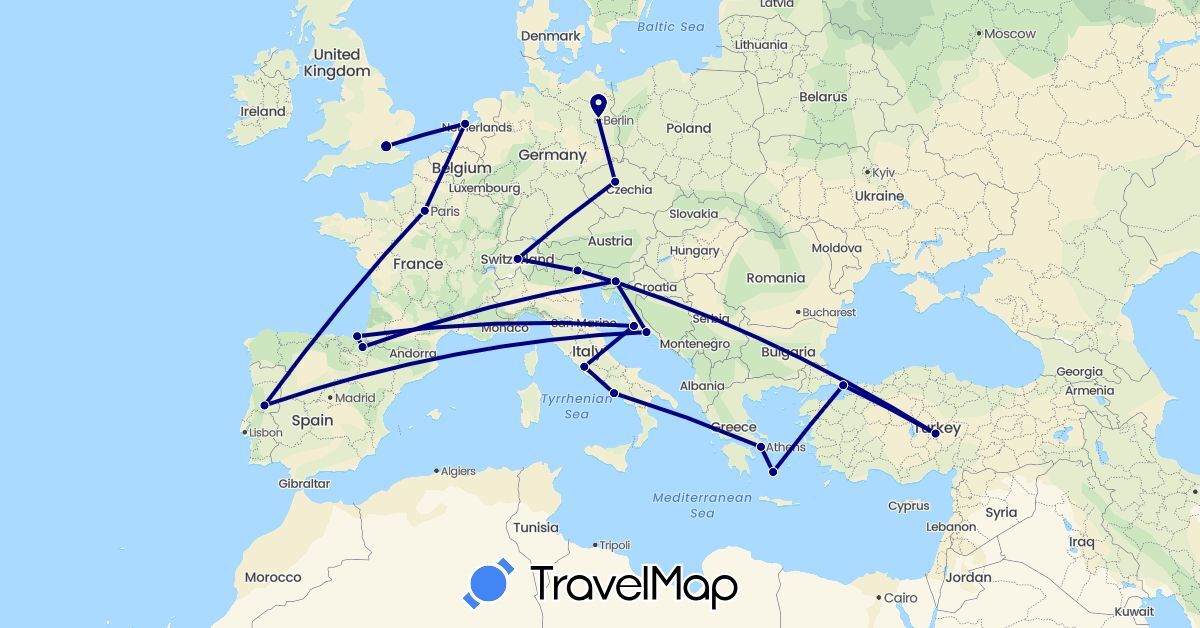 TravelMap itinerary: driving in Switzerland, Czech Republic, Germany, Spain, France, United Kingdom, Greece, Croatia, Italy, Netherlands, Portugal, Slovenia, Turkey (Asia, Europe)