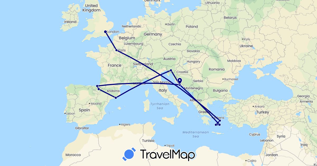 TravelMap itinerary: driving in Spain, France, United Kingdom, Greece, Croatia, Slovenia (Europe)